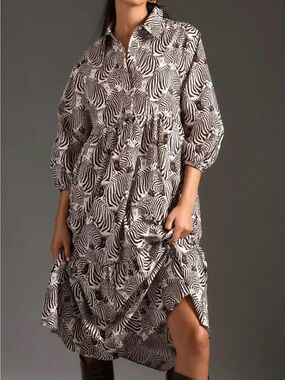 Anthropologie Brown and White Zebra Print Midi Dress